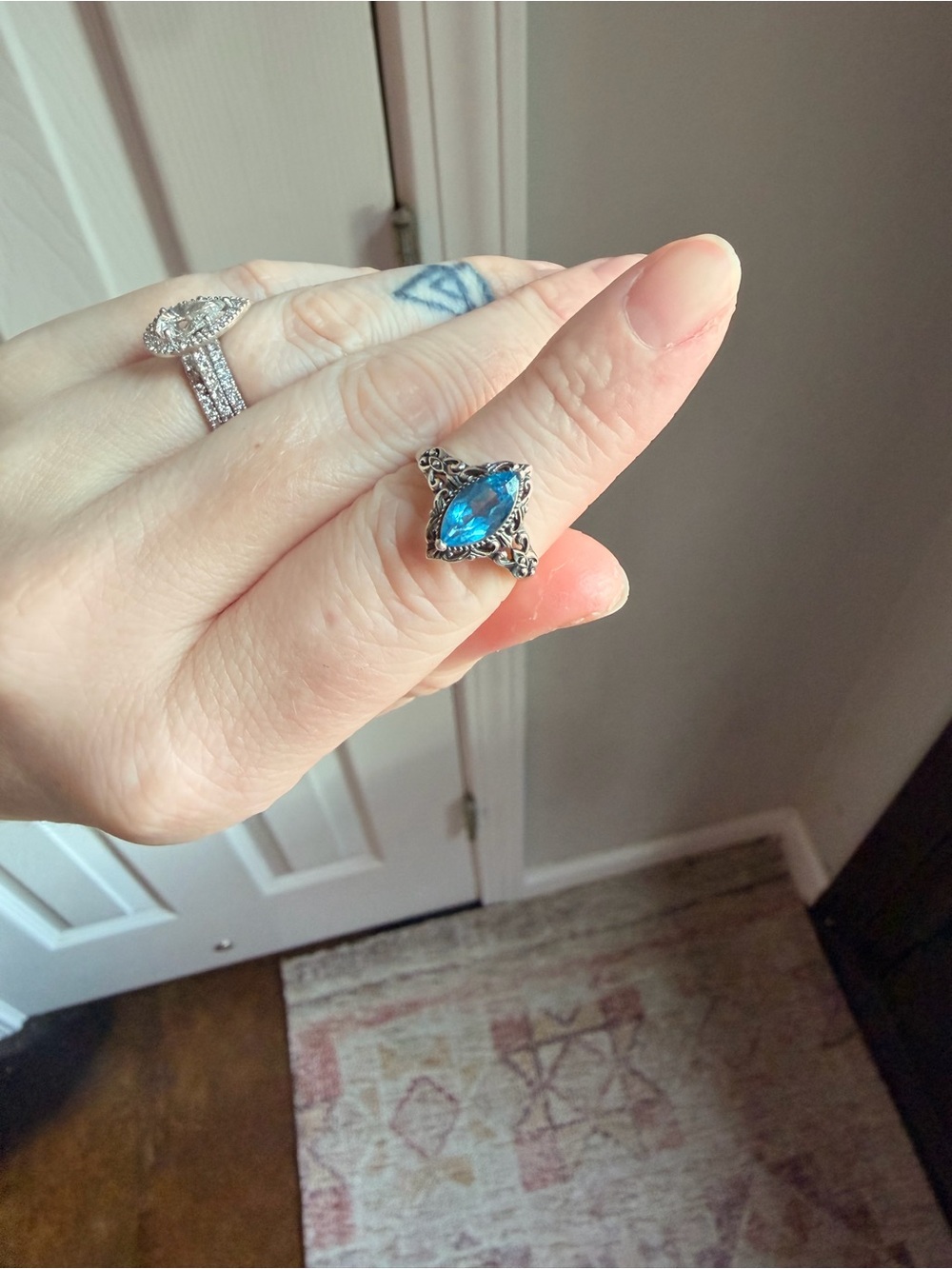 Marquise Blue Topaz Gemstone Filigree Silver Ring - Women Jewelry
